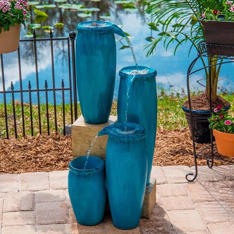 Blue Glaze 36" High Plug-In 4-Level Indoor-Outdoor Water Fountain 3 Blue Glaze 36" High Plug-In 4-Level Indoor-Outdoor Water Fountain