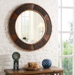 Lagoon Painted Wood W/ Natural Rattan 34" Round Wall Mirror